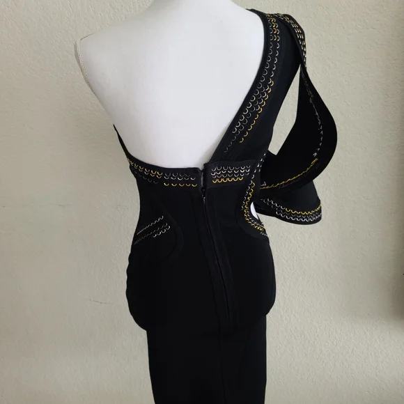 Herve Leger Black One-Shoulder Cutout Dress with Gold Trim - Picture 8 of 10